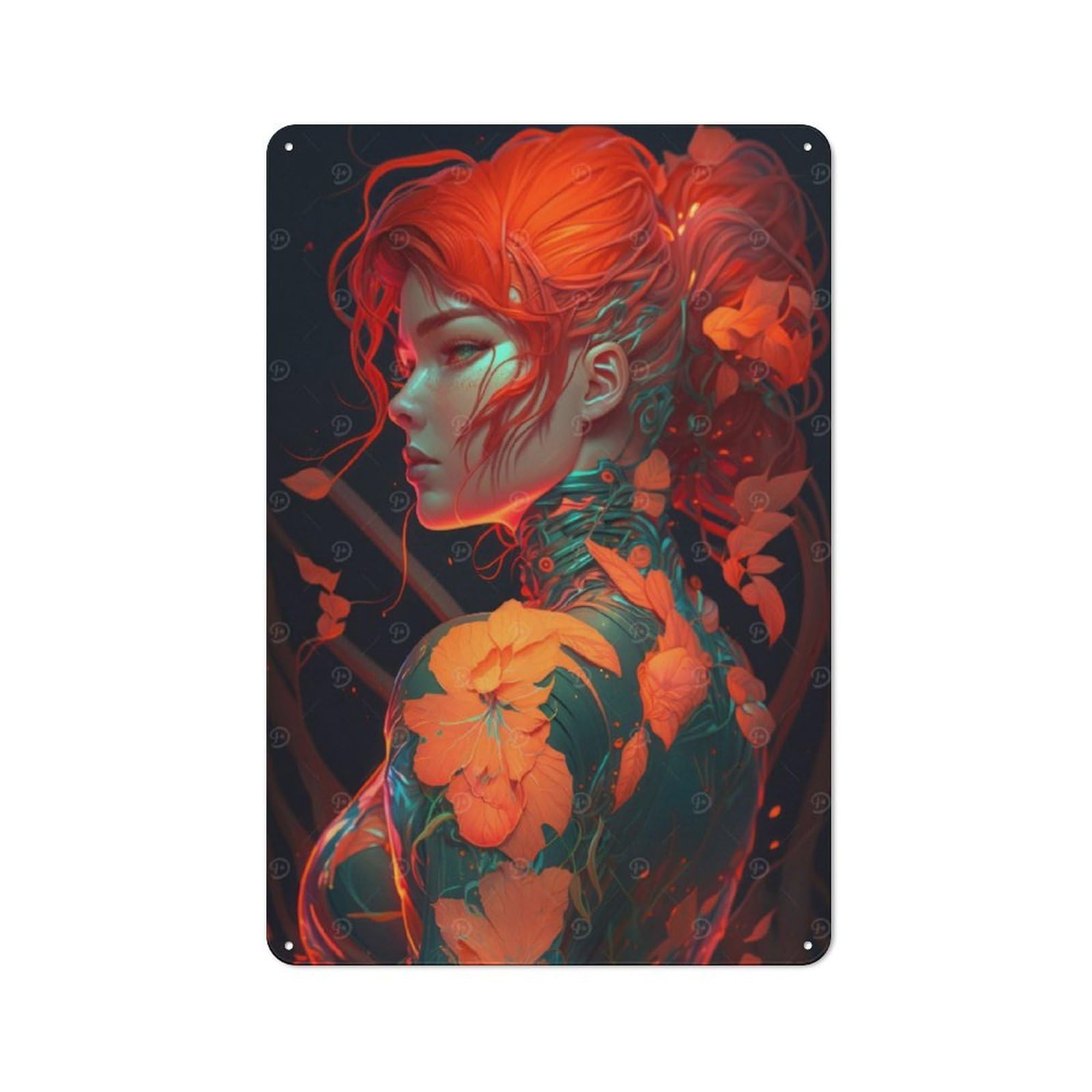 Junmoney Girls Style-15 Red Floral Cyberpunk Tin Sign 30X20cm For Workshop Wall, Vintage Wall Decor, For Metal Sign Collectors, For Garage And Workshop Walls