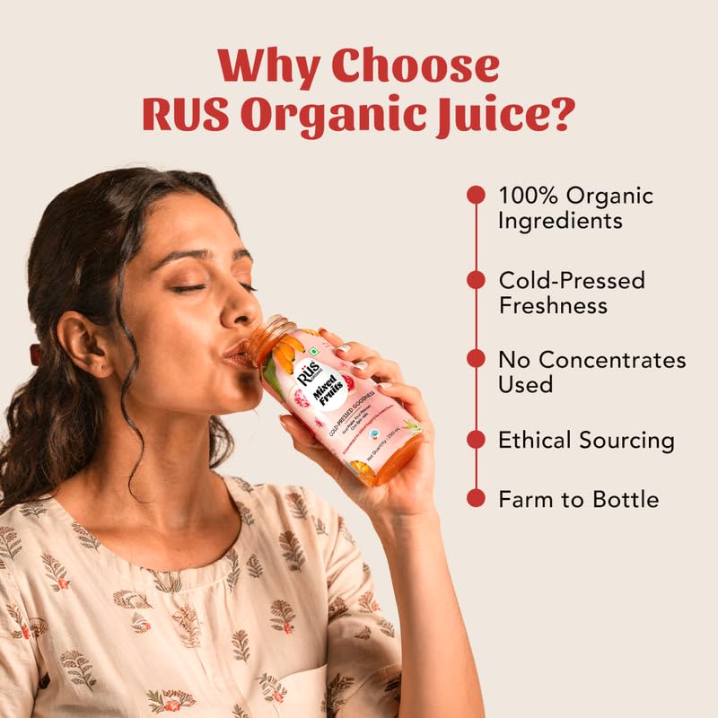 Image of Rus Organic Mixed Fruit Juice | Cold Pressed Organic Drinks | Pack of 8 (250ml Each) | No Added Sugar, Preservative-Free | Multi-Fruit Blend for Daily Vitality
