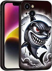 Printed Shark Pattern for iPhone 14 Case, Printed Fierce Red-Eyed Shark Cartoon Silicone Soft Shockproof case,for Girls & Women & boy & Men(B1-Cartoon Shark-Cool)
