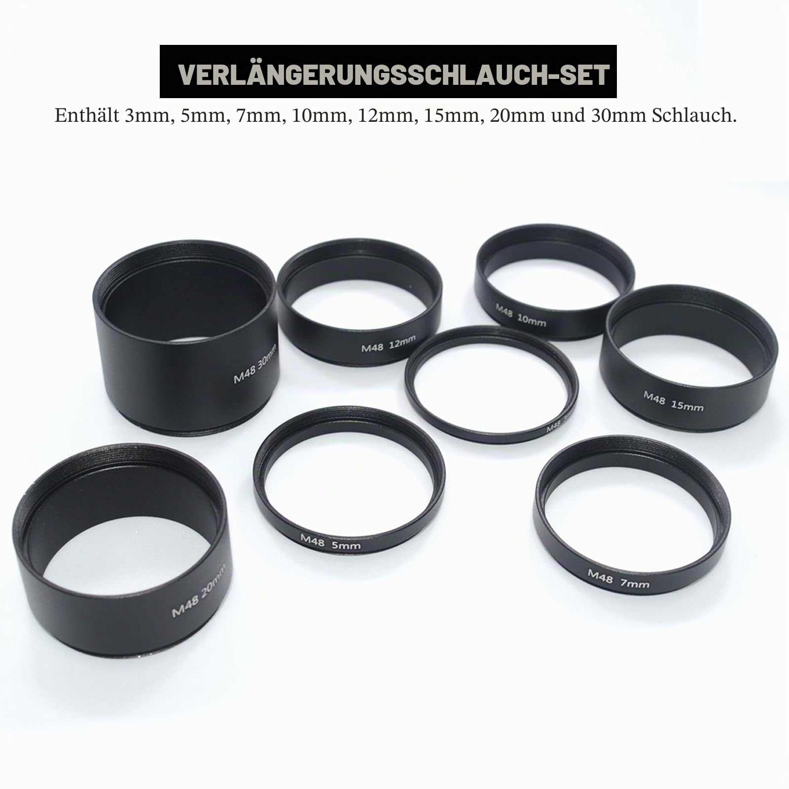 8 Stück M48 x 0,75 Teleskop-Verlängerungsrohr-Set, T2-Verlängerungsrohr-Set, Länge 3 mm, 5 mm, 7 mm, 10 mm, 12 mm, 15 mm, 20 mm, 30 mm, ausziehbar für astronomische Teleskop-Fotografie