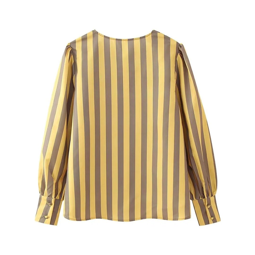 Primavera Donne Sciolto Girocollo Manica Lunga Monopetto A Righe Camicia
