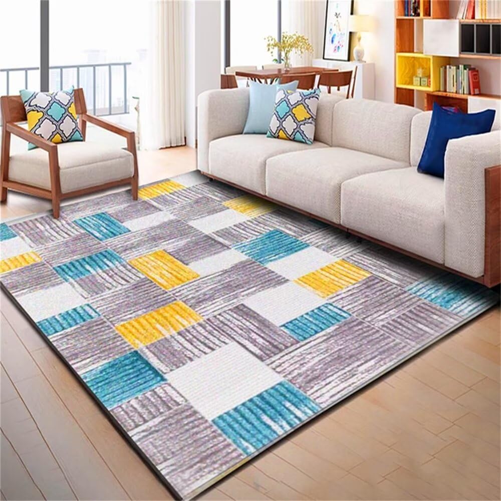 Tapis de jeu bébé bleu gris 60x120cm carré géométrique pour salon