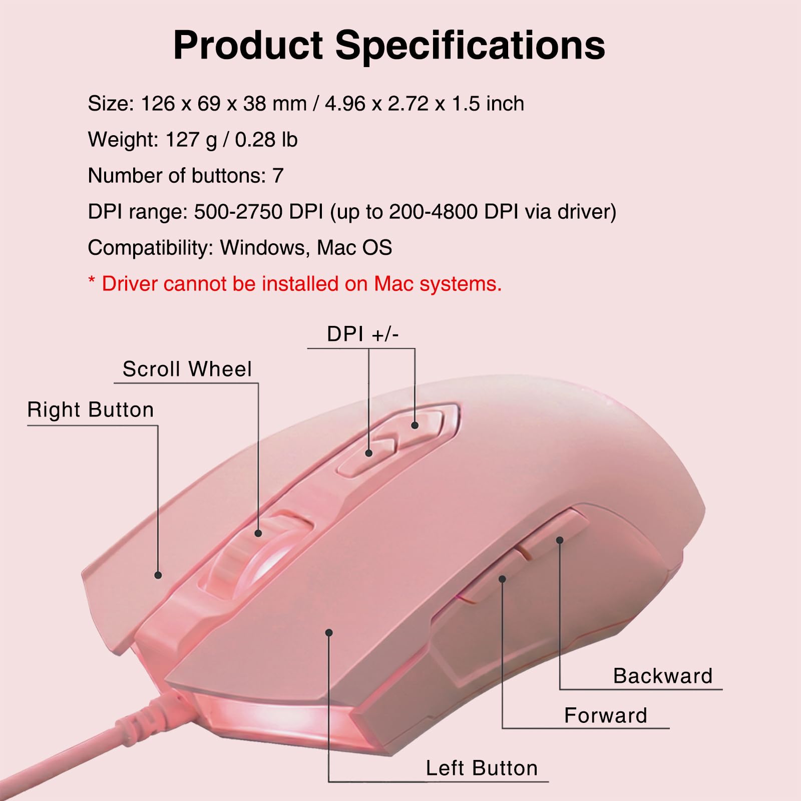 Lomiluskr AJ52 przewodowa mysz do gier, 7 programowalnych przycisków, myszy komputerowe z podświetleniem RGB LED, regulacja 200-4800 DPI, do Windows/Mac OS/Linux (różowa)