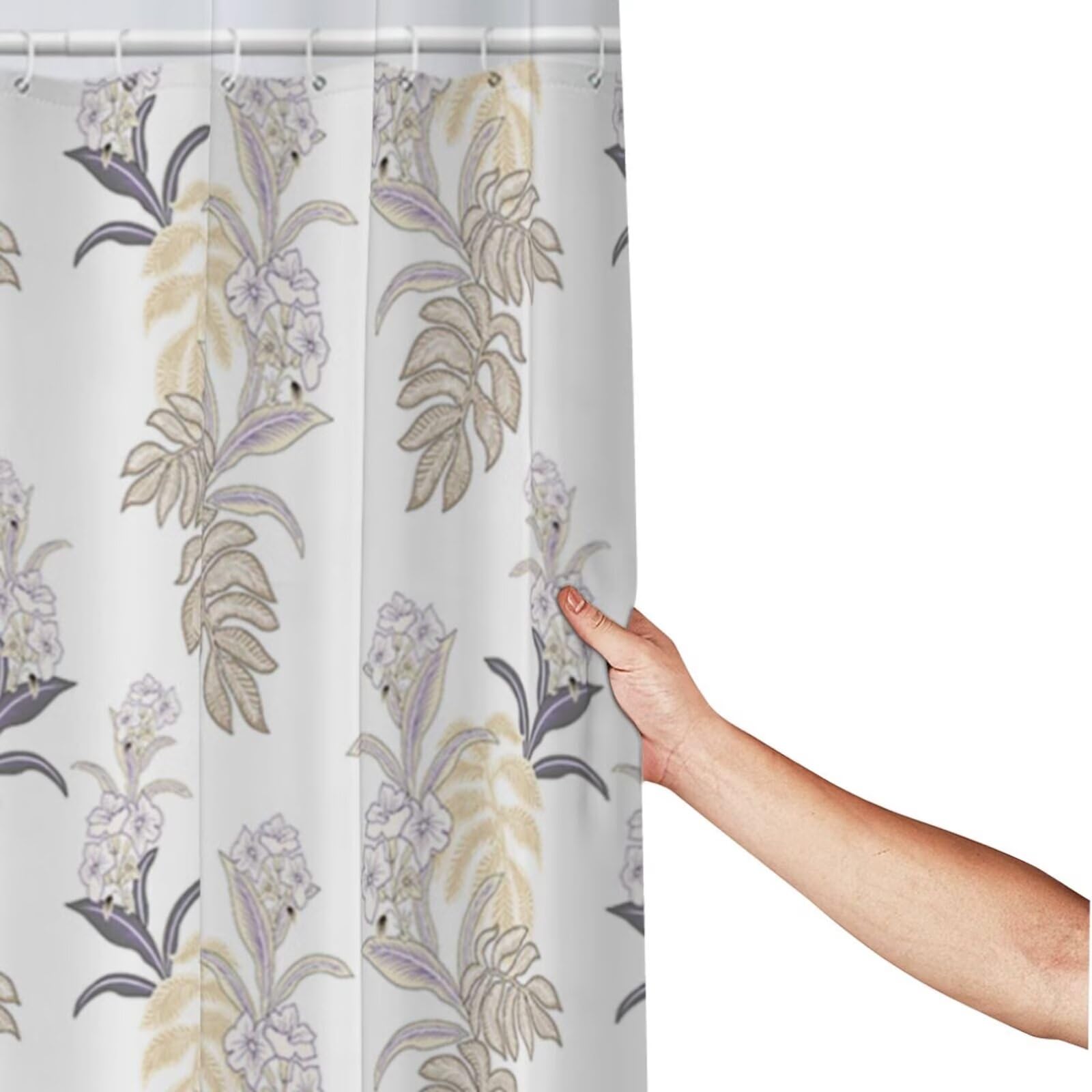 Cortina de ducha impermeable antimoho de 240 x 200 cm, poliéster, lavable, antibacteriana, incluye 12 ganchos de plástico, dobladillo pesado, uso familiar y hotel, diseño floral beige K9014