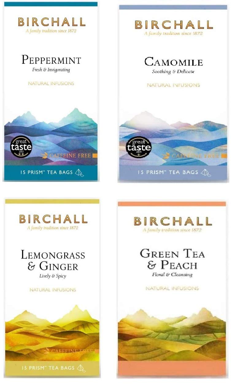 Birchall Tea Pakiet różnorodności (4 smaki - mięta pieprzowa, rumianek, trawa cytrynowa i imbir, zielona herbata i herbata brzoskwiniowa) łącznie 60 torebek na herbatę z pryzmatami bez plastiku