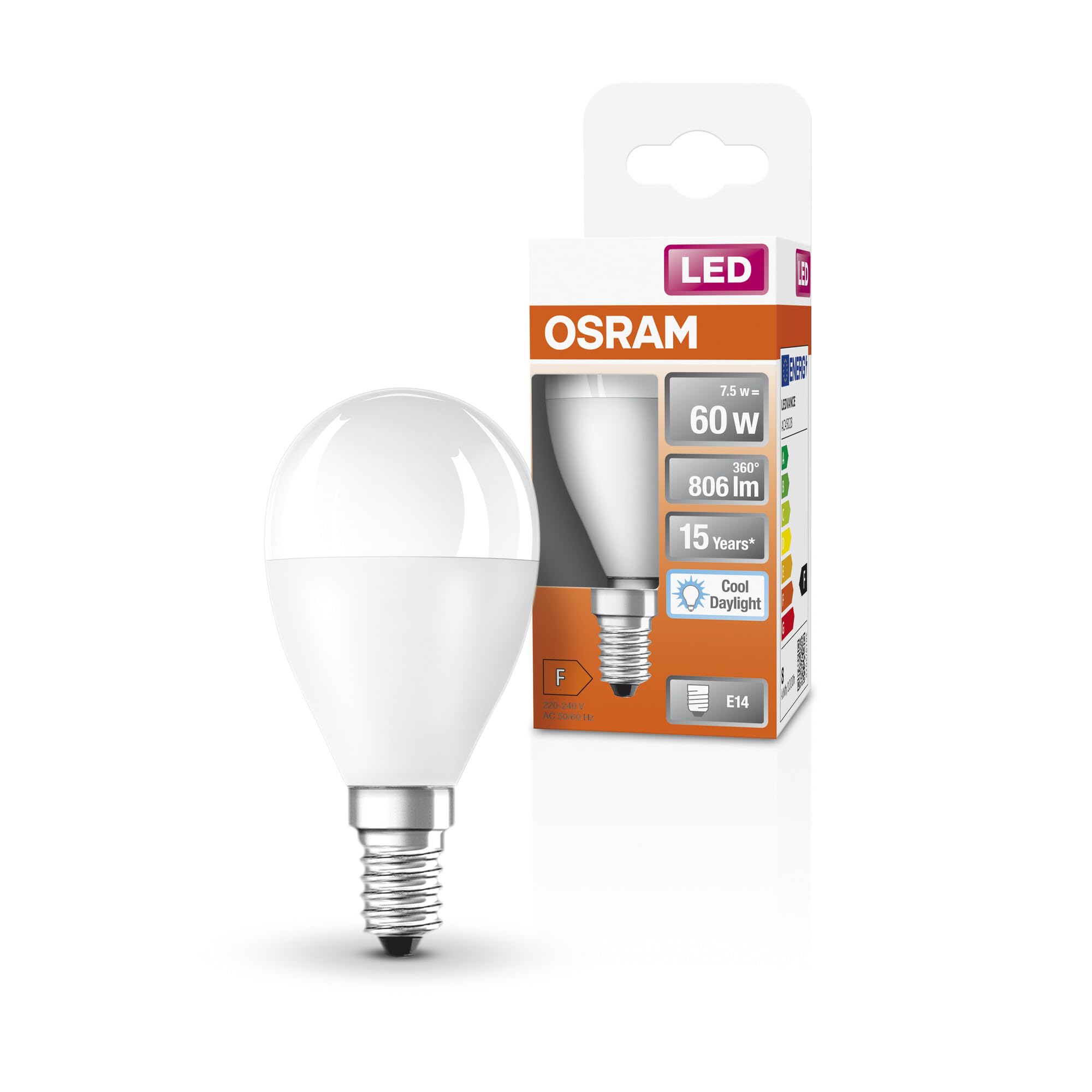 OSRAM Led Star Classic P60 Led Lamp for E14 Socket, Drop Shape, Fr, 806 Lumen, Daylight White (6500K), Replacement for Conventional 60W Light Bulbs, Not Dimmable, 6-Pack