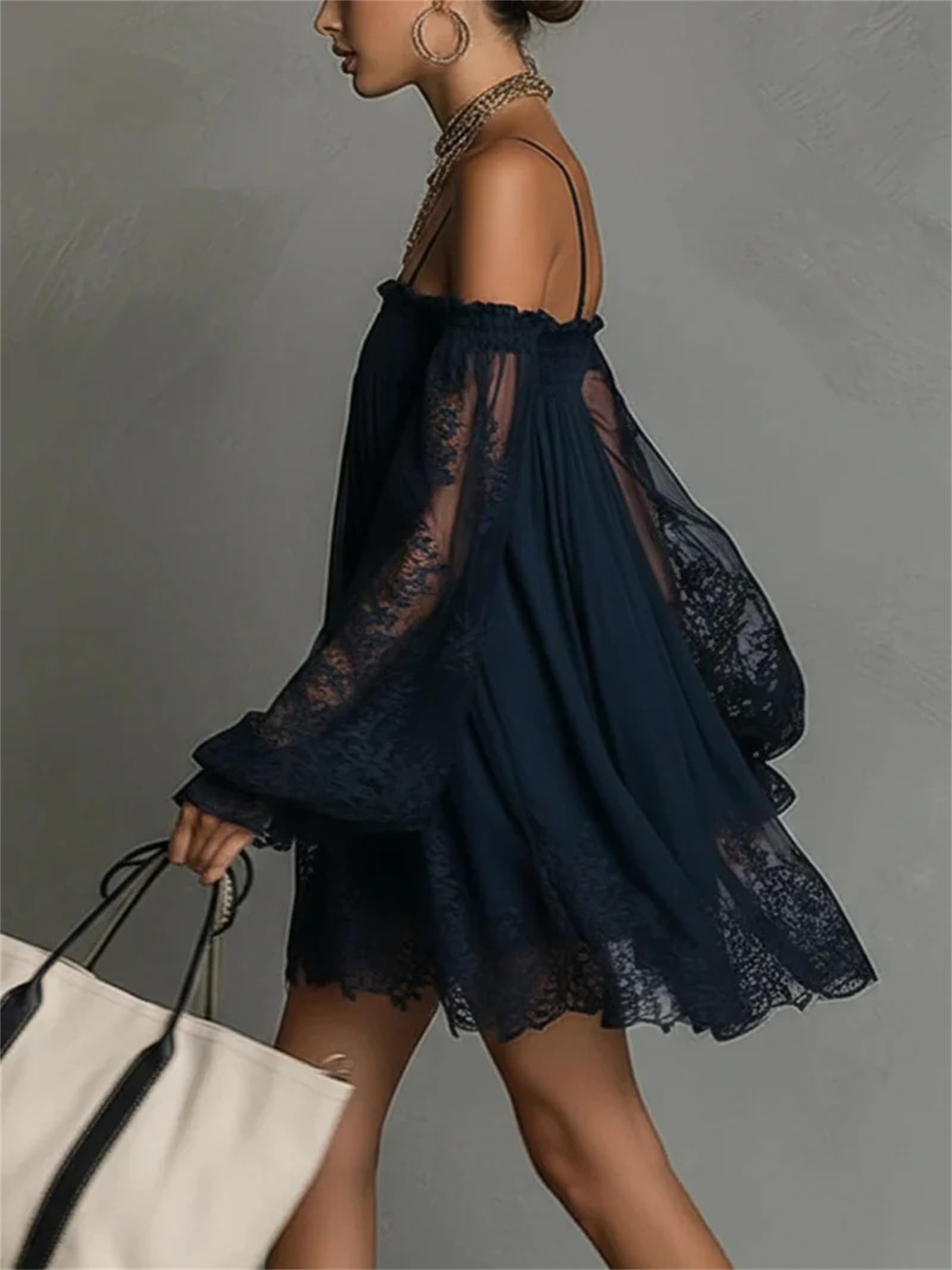 Mini abito da donna con bretelle, elegante, sexy, in pizzo, con maniche a sbuffo, casual, per feste, spiaggia, vacanze, abito corto fluido
