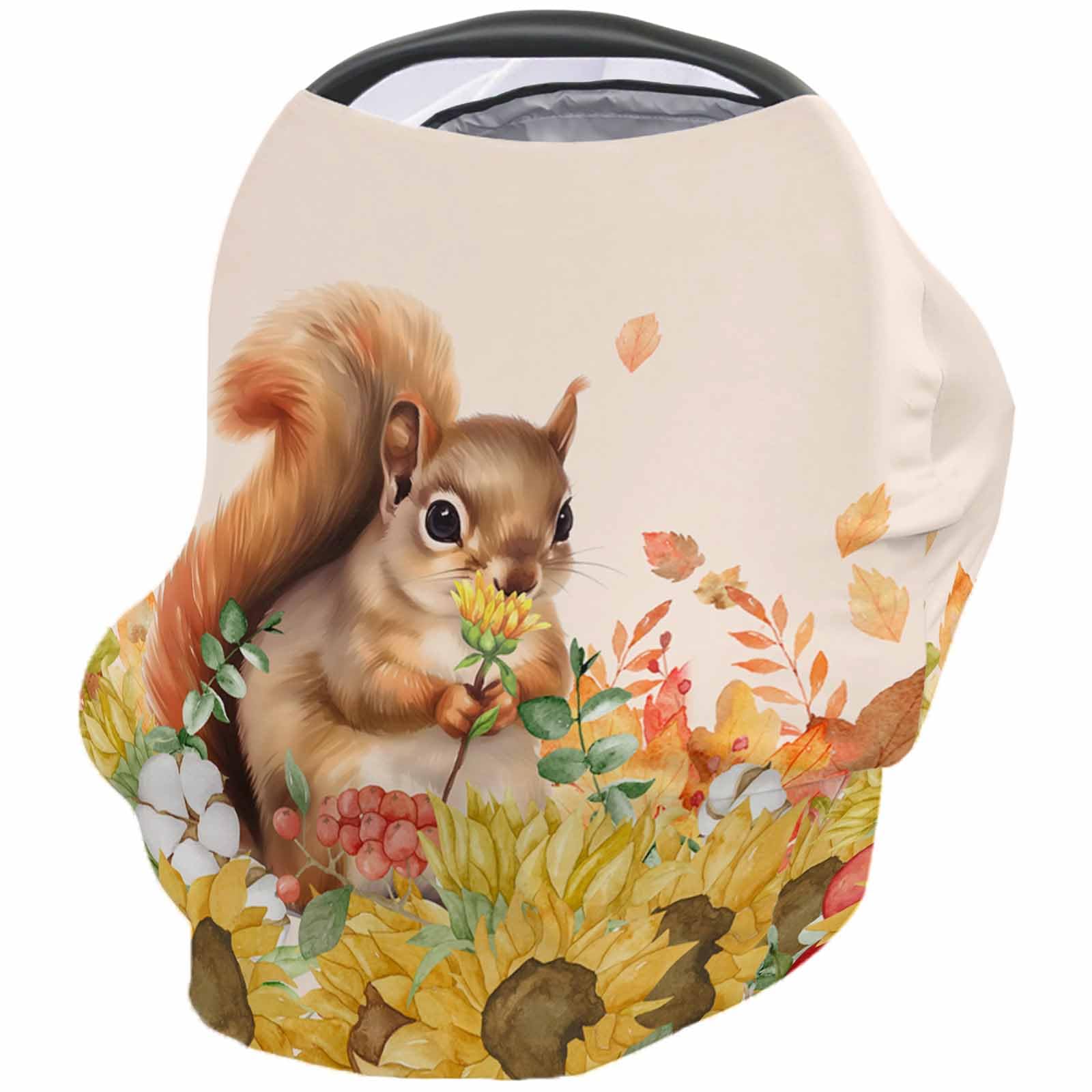 Nursing Cover for Breastfeeding Scarf, Hand Painted Squirrel Fall Floral Sunflowers Baby Car Covers Super Soft Multi Use for Canopy Shopping Cart Cover Blanket Stroller Cover