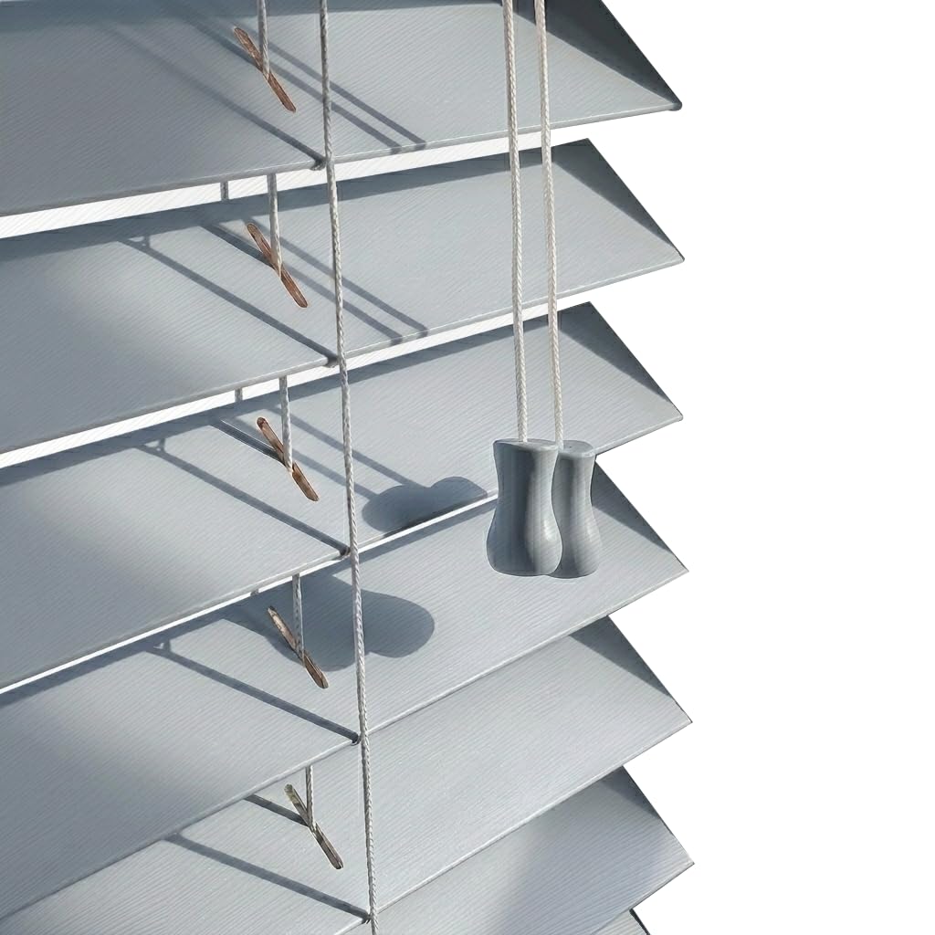 Ev Dekor Embossed Grey Wooden Venetian Blinds With String Design, 50mm Slats, Bathroom, Kitchen, Door, Window Blinds โ 240 X 213cm โ image 1