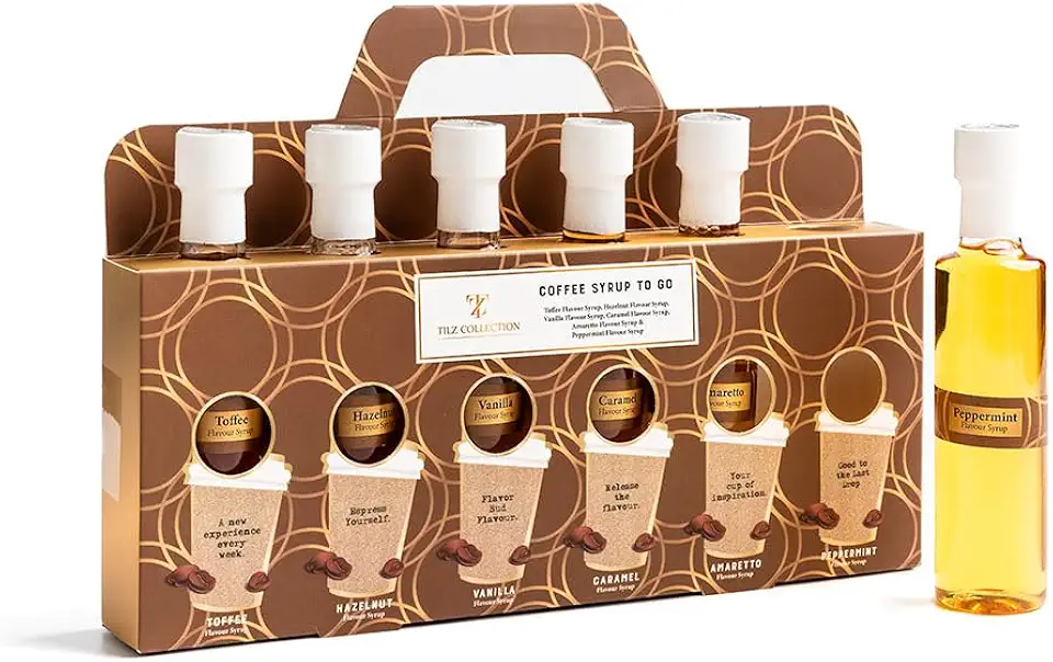Premium Coffee Syrup Gift - Set 6 x 75ml Assorted Flavoured Syrup For Coffee Including Vanilla Caramel Toffee Hazelnut Amaretto Peppermint Coffee Lover Gift sets