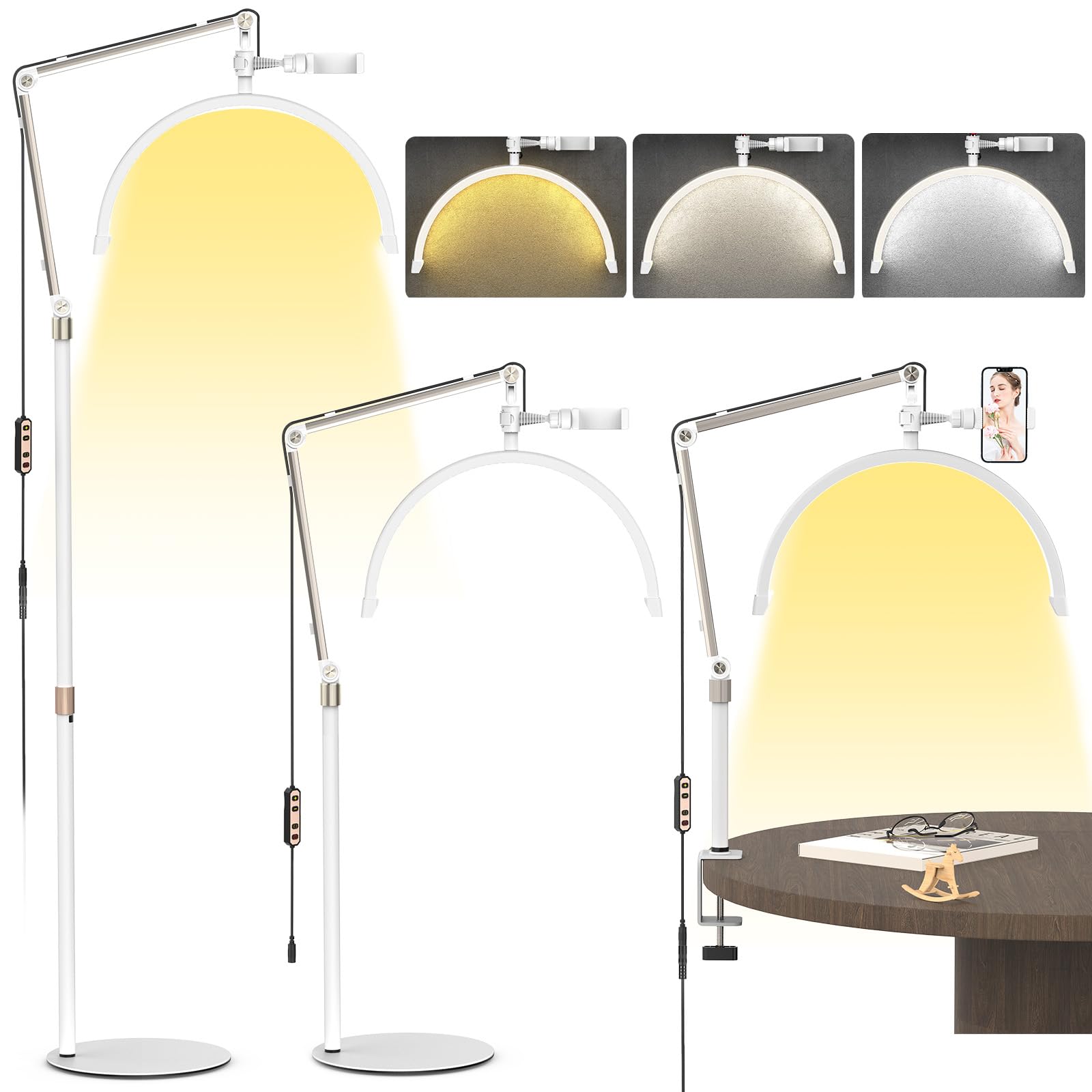 TwoWin Half Moon Lash Light, 2 In 1 Upgraded Eyelash Led Floor Lamp for Eyelash Extensions, Lash Light for Eyelash Nail Tech, Esthetician Light with Phone Holder