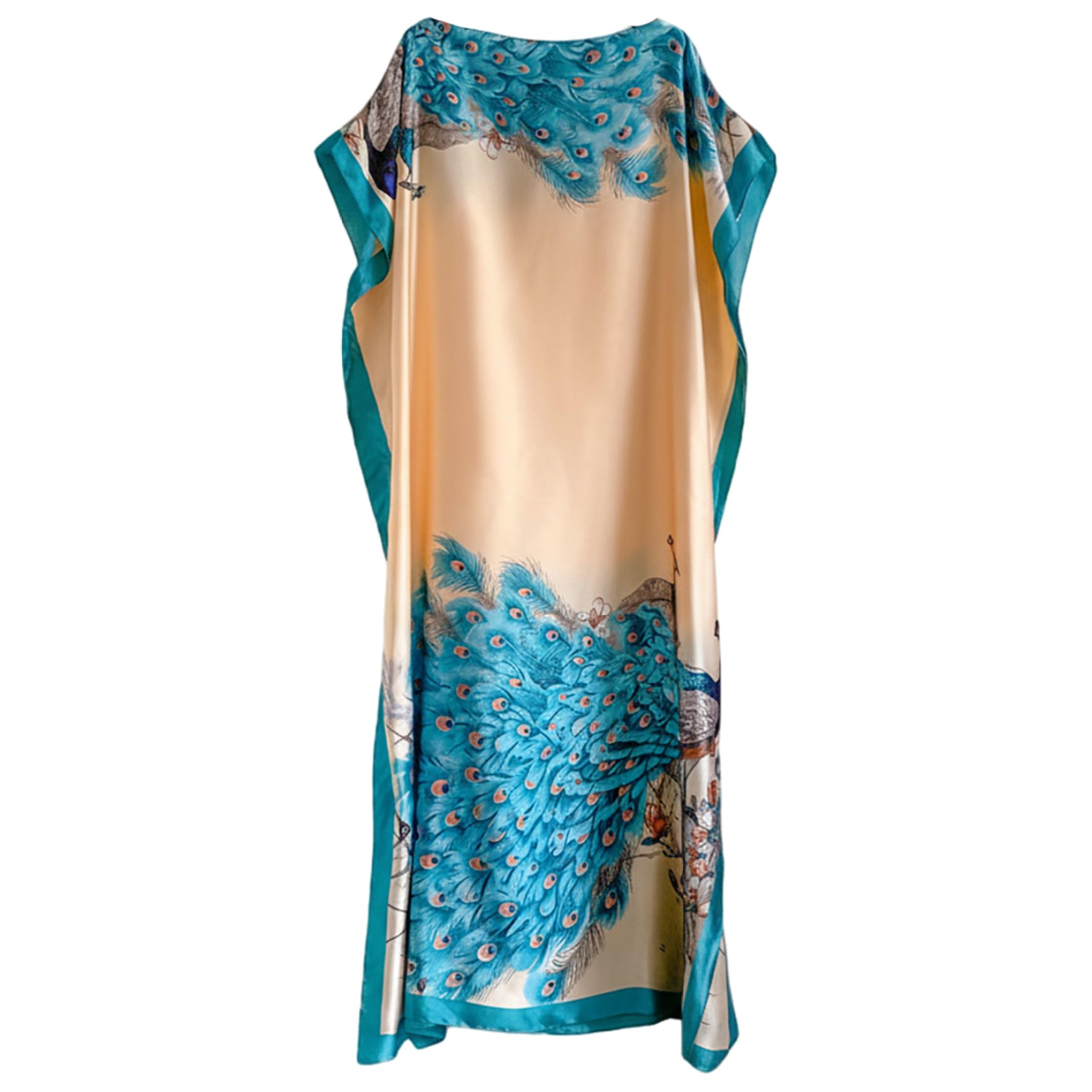 Bemonew Silk Caftans for Women, Silk Wrap Dress - Peacock Lake Blue Simulated Beach Resort Cover Up with Matching Scarf
