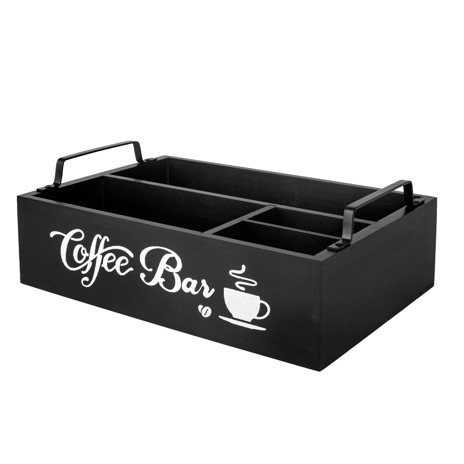 Organizador de Café y Té-Caja de Madera para Accesorios de Cafetera-Caja Infusiones -Caja de Te -Bandeja con de Madera 4 Compartimentos para Infusiones Azucarillos Tazas Cápsulas (Negro)