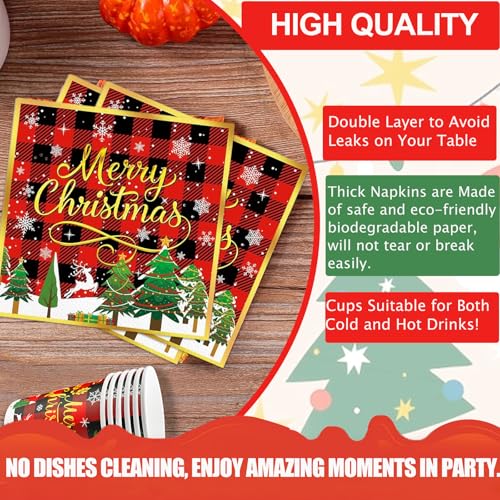 Christmas Party Decorations Supplies - 175 PCS Merry Christmas Red Plaid Disposable Dinnerware Set Xmas Paper Plates and Napkins Sets with Cups Fork Spoon for Holiday Party Supplies, Serve 25 – Image 5