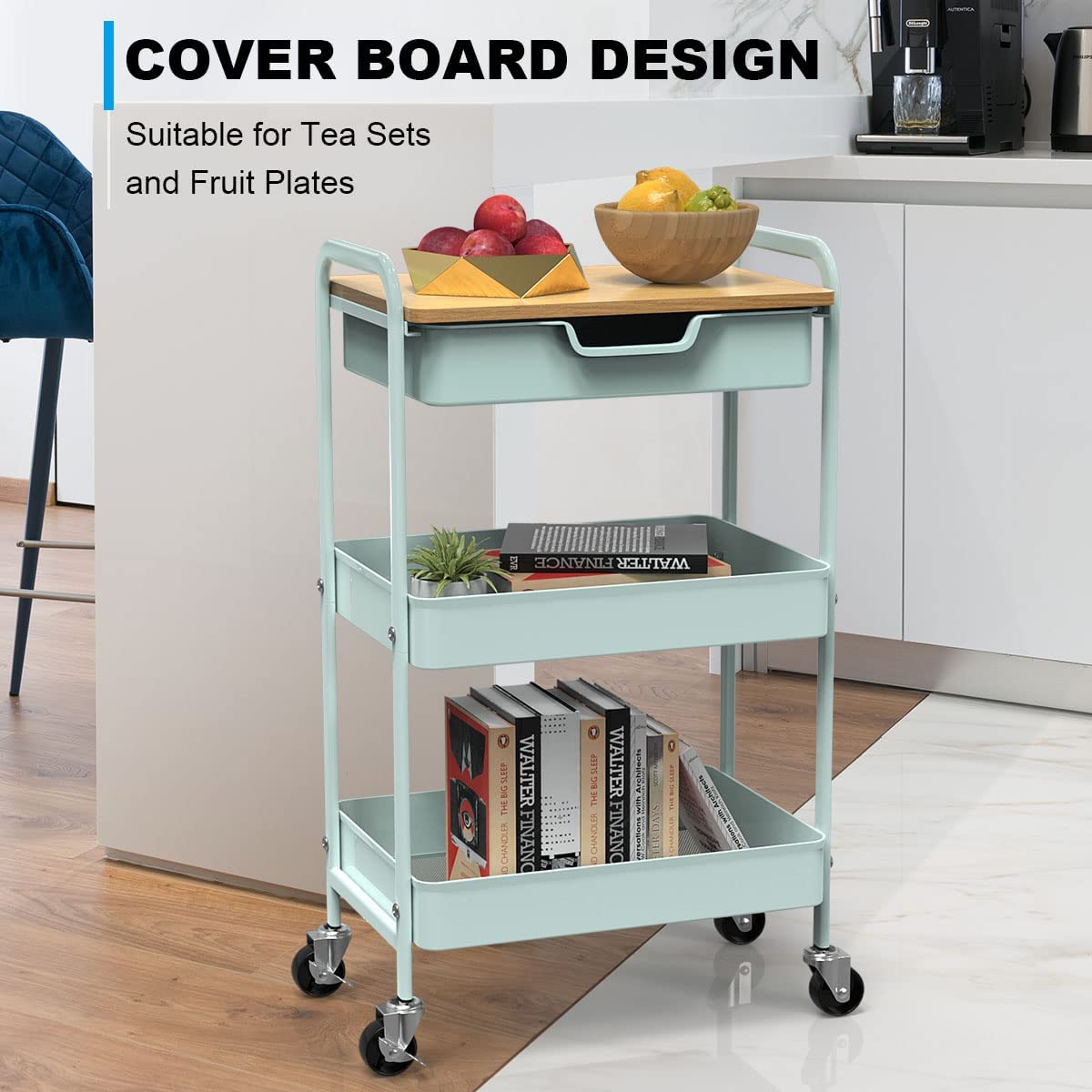 Shrivee Carrello da cucina a 3 livelli con tavolo e cassetto, carrello multiuso in metallo, carrello per salone d'ufficio, cosmetici, carrello da portata per cucina, bagno, ufficio (verde chiaro)