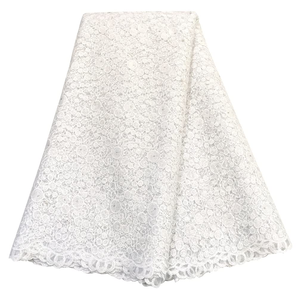 LadyQ Tela de encaje de red africana de oro 2020 nupcial francesa de encaje de tela de 5 yardas vestidos africanos con cuentas de tul cordón de tela de encaje para mujeres 033827 (blanco)