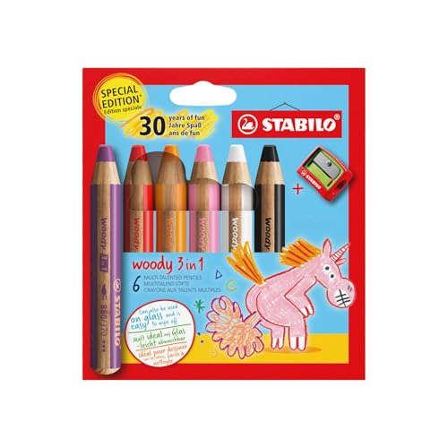 STABILO woody 3in1 - Crayon de couleur - Etui carton x 6 crayons de coloriage woody - Edition 30 ans de fun Licorne + 1 taille-crayon