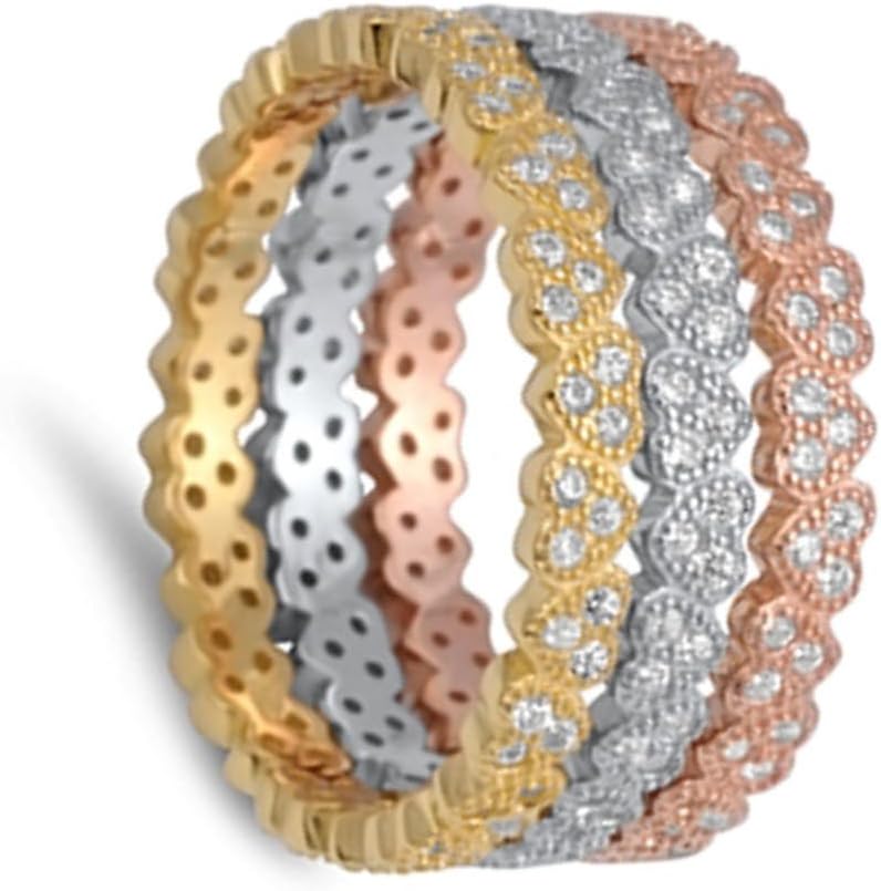 Sterling Silver Stackable Heart Rose Gold-Tone Ring Eternity Set Sizes 5-10