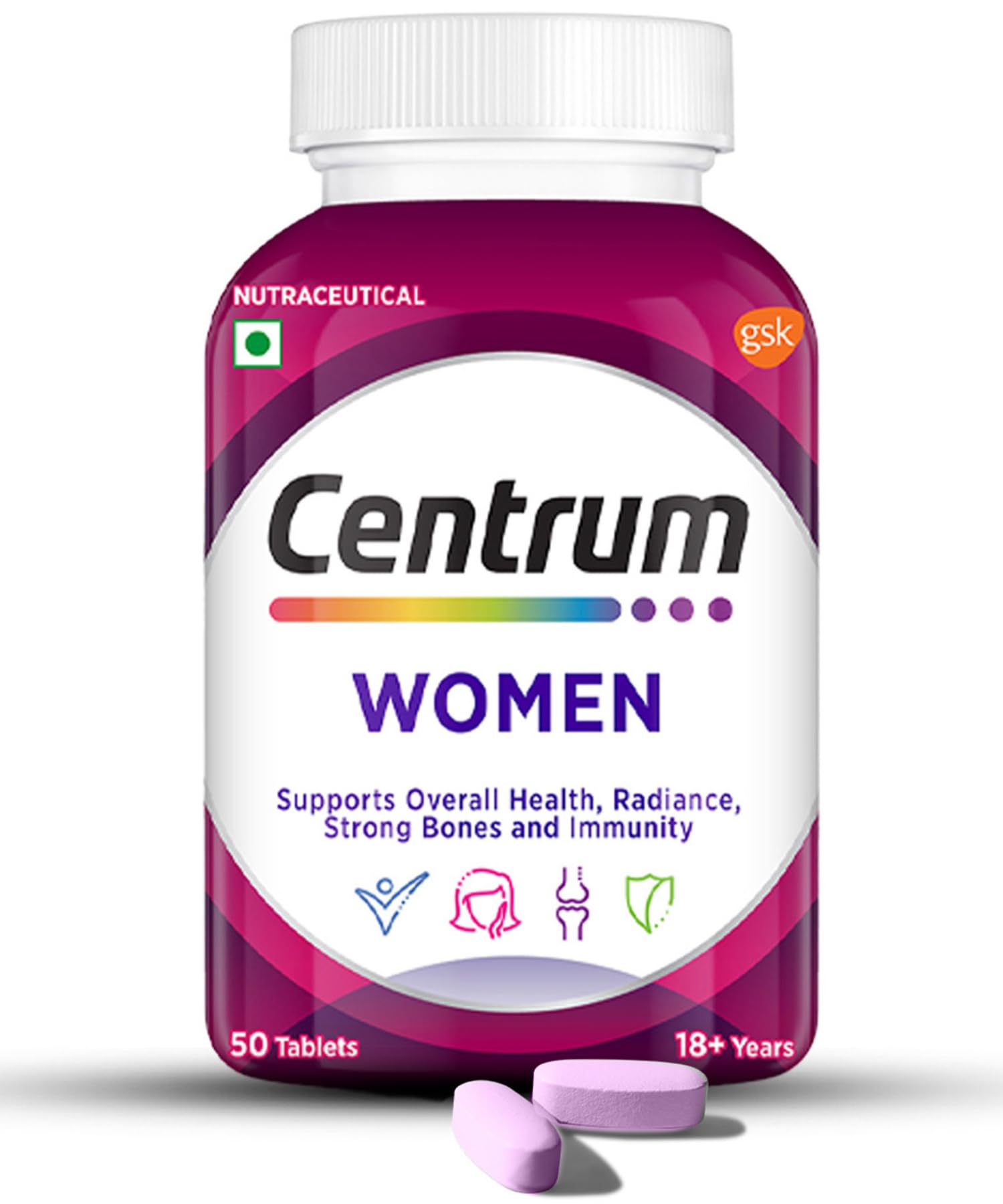 Centrum Women -Multivitamin Tablet for Women|With 23 Vital Nutrients including Zinc,Magnesium,Vitamin B,C,D, Calcium for Energy, Immunity,Radiance,Strong Bones and Overall Health|Veg - 50 tablets