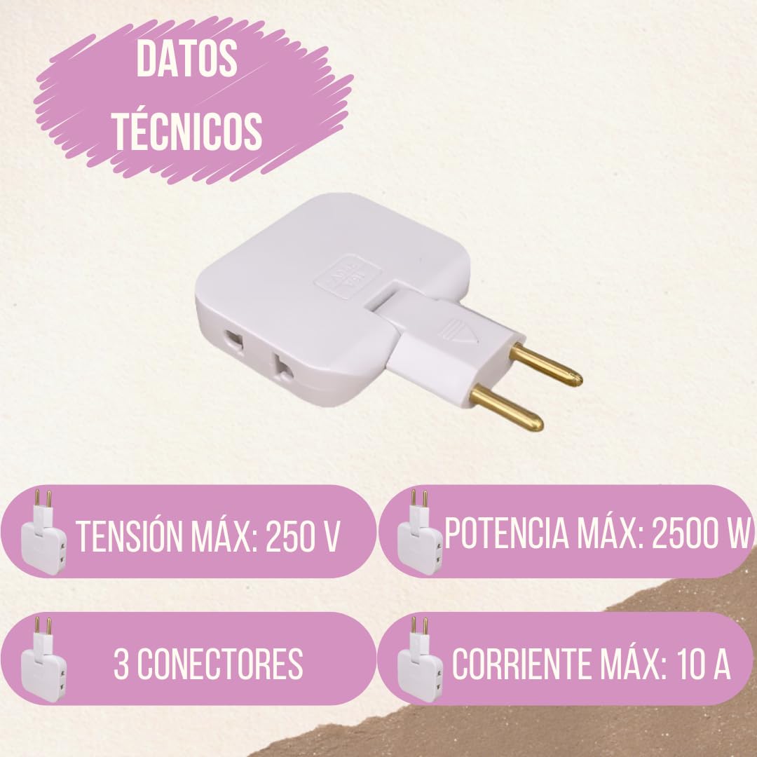 Pack 3 Ladrón Enchufe Plano múltiple de Pared de 3 Tomas con Cabezal Giratorio 180º. Regleta Enchufe Adaptador Europeo y Americano. — view 4