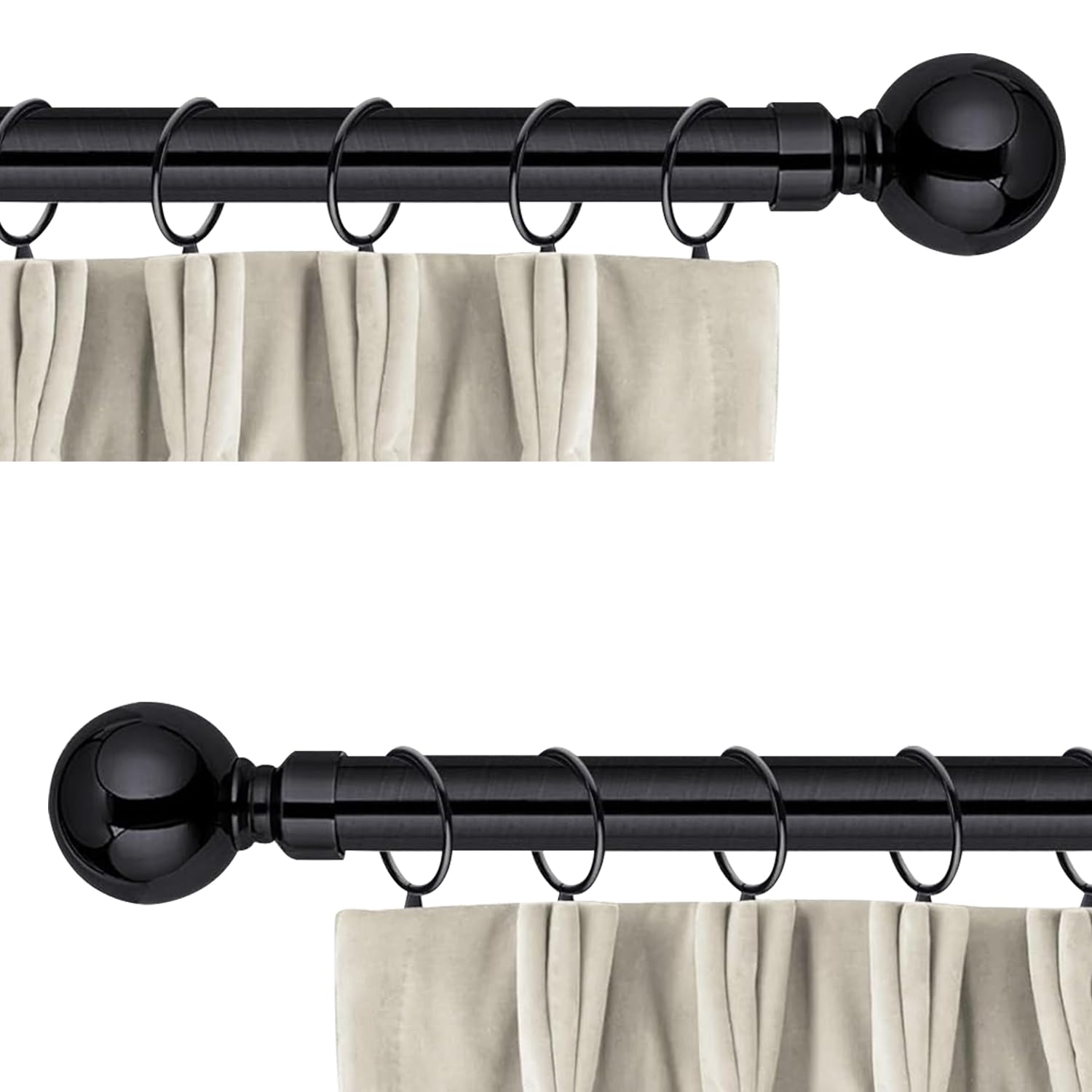 Aspire Homeware Curtain Poles Metal Plain Ball 2 Pack Extendable Curtain Pole 120 cm to 210 cm Matte Black Adjustable Curtain Rod 28 mm Diameter with 60 mm Finials, Rings, Brackets, and Fittings Set