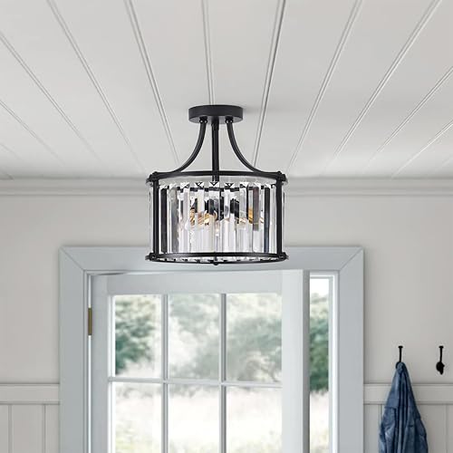 Miniatura 3 de Aiwen Moderna lámpara de techo semiempotrada de 12.6 pulgadas, 3 luces, jaula de metal negro, lámpara de techo con pantalla de cristal, iluminación