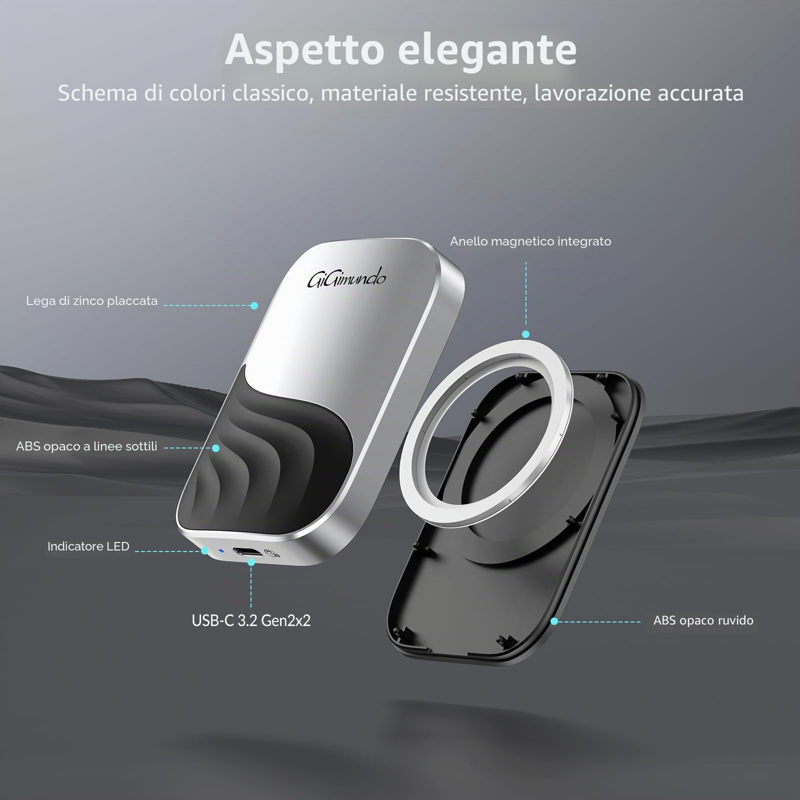 GiGimundo M20 SSD Magnetico 2TB, SSD Portatile, Resistente in Lega di Zinco, Max 2000MB/s tramite USB-C 3.2 Gen 2x2 per PC, Compatible for 15/15 Pro Max/16 Pro/16 Pro Max, Mac, Tavoletta