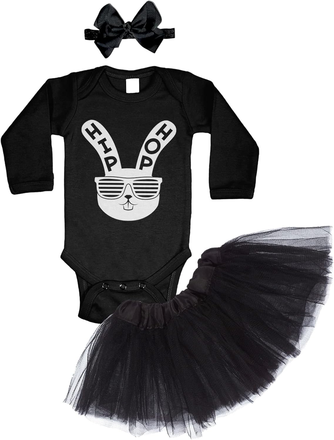 Hip Hop Easter Bunny Rabbit - Rap Pun Funny Baby Bodysuit + Tutu Skirt + Bow Headband Set