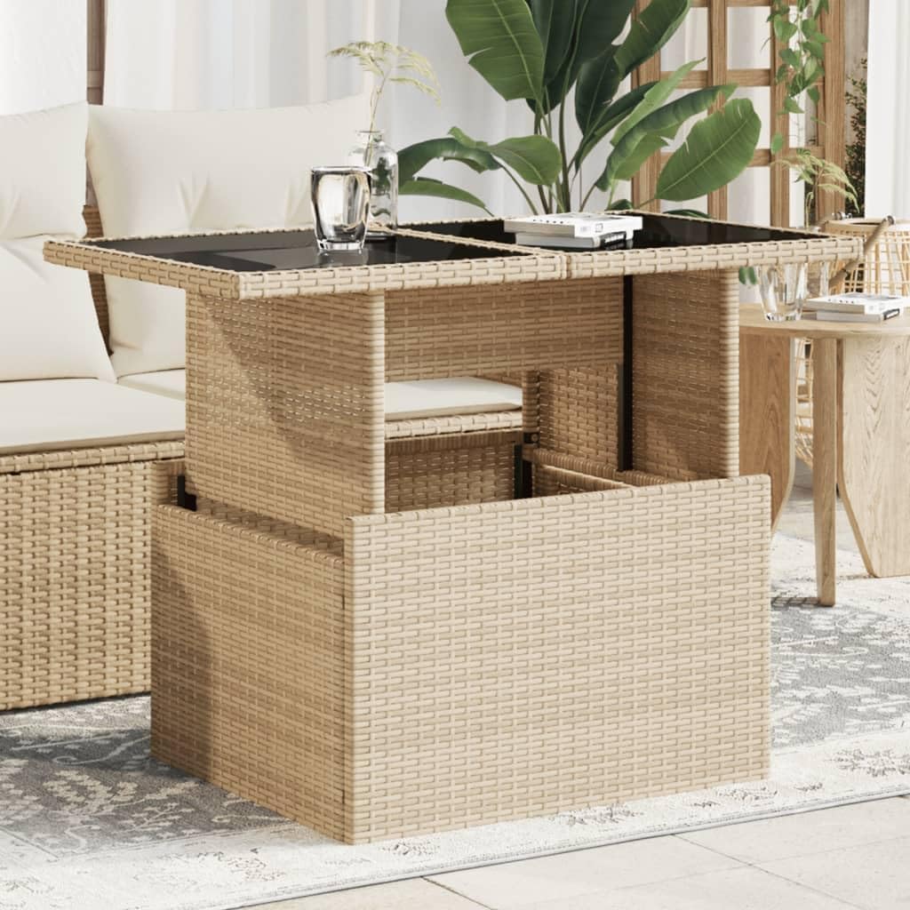Beige Poly Rattan Garden Coffee Table with Tempered Glass Top, Powder-Coated Steel Frame, Adjustable Height Outdoor Patio Side Table for Balcony or Terrace Relaxation