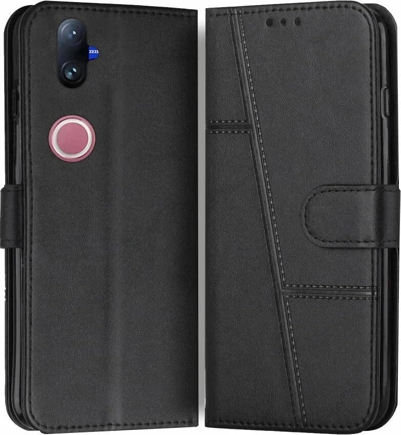 Image of for Vivo V50E 5G Flip Cover Leather Finish | Inside TPU with Card Pockets | Wallet Stand | Complete Protection Flip Case Black