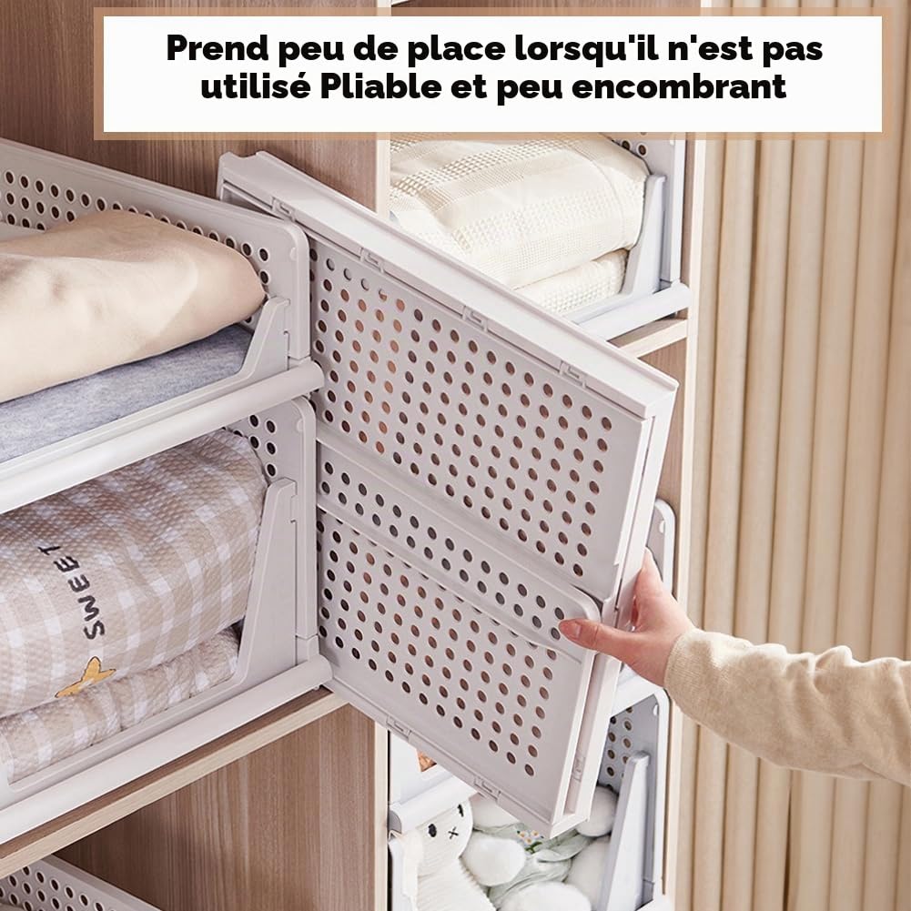 Lot de 3 boîtes de rangement pliables en plastique empilables pour vêtements, chambre à coucher, cuisine, salle de bain