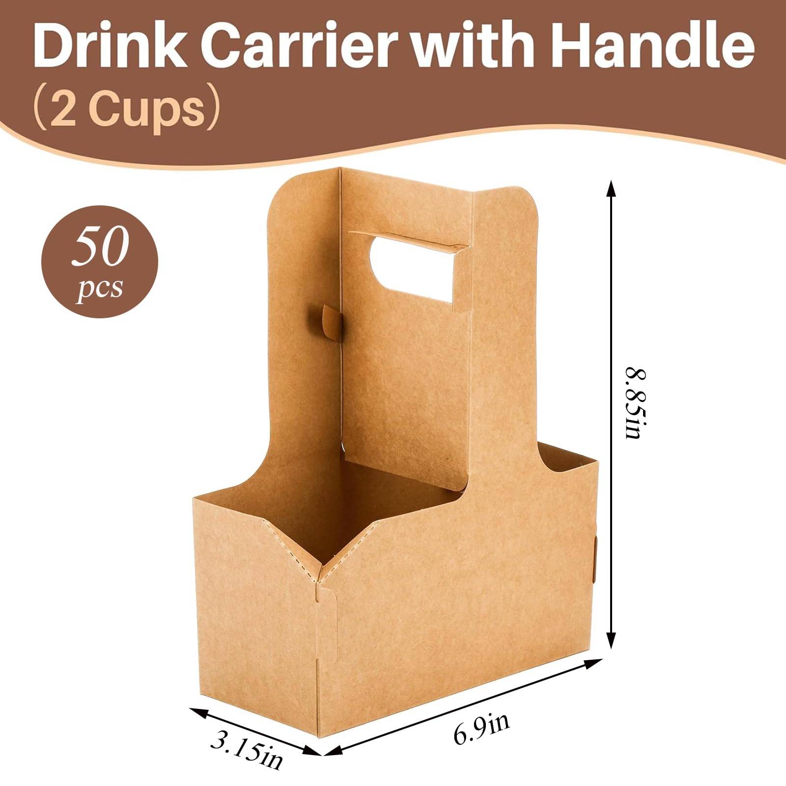 LAIAMER Lot de 50 porte-gobelets avec poignée, en carton kraft marron pour livraison, café, thé, cadeaux, fleurs, fêtes
