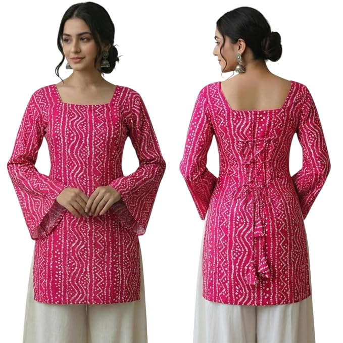 Image of MAHIRA'S Comfort Women's Short Kurti, Rayon Tunic Top with 3 /4 Embroidered Designer Sleeves | Soft Breathable Fabric | Office & Casual Kurti for Jeans, Leggings & Trousers