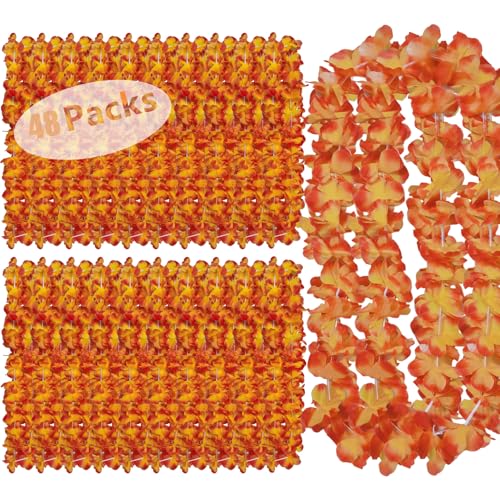 Mowane Leis for Luau Party, 48 Count | Thick and Lush Flower Leis for Luau Parties, Graduations, Birthdays, and Beach Weddings | Tropical Party Decorations and Hula Dance Accessories (48Pcs Orange)