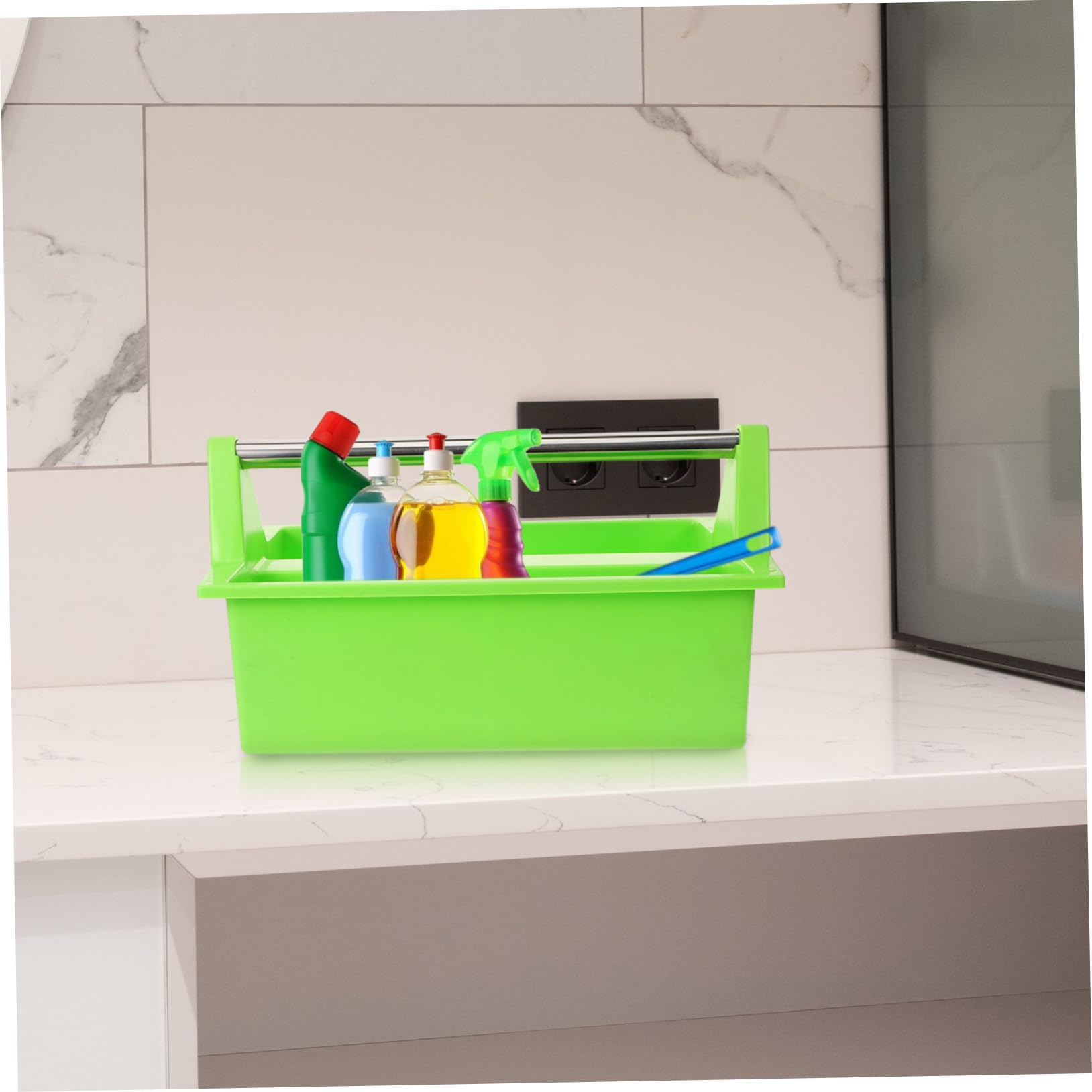 Cabilock Cesta de Limpieza Asa, Plástico Verde, 2 Compartimentos | Organizador Doméstico, Huecos Separados para Escobillas y Paños, Formato Portátil para Orden de Útiles