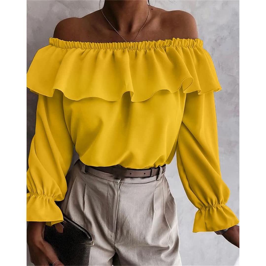 Générique Femmes Sexy Hors épaule Blouses été Flare à Manches Longues Couleur Unie Tunique Hauts Dames Hauts à Volants