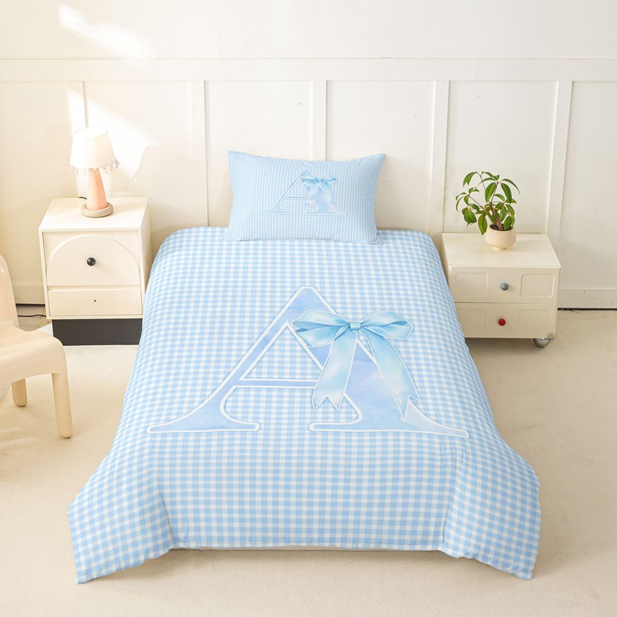 Erosebridal Initial Letter A Duvet Cover Toddler Size | Personalized Bow Blue Bedding Set Geometric Buffalo Plaid Comforter Cover Alphabet Warm Soft Bedclothes