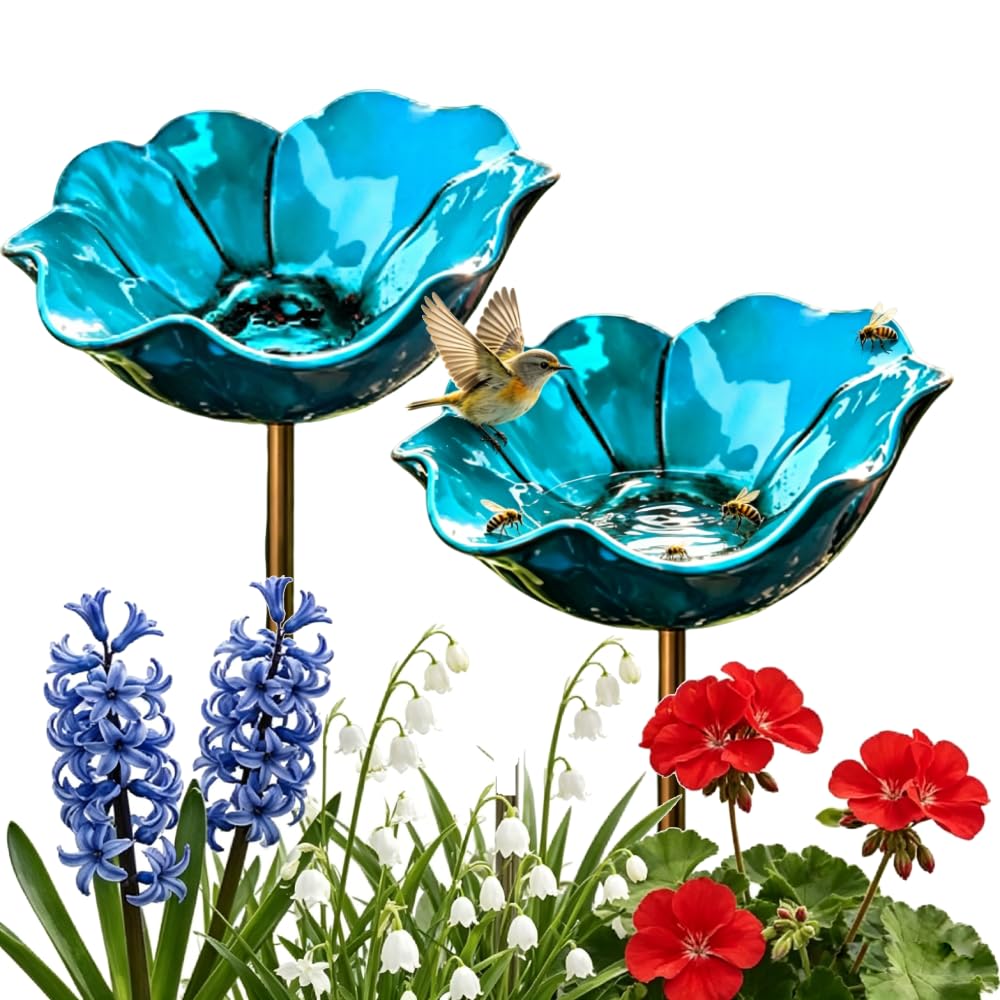 2Pcs Handmade Bird Metal Garden Stake with Flower Bowl, 2-in-1 Bee Watering Station for Outside Lawn, Yard, Patio AND Potted Plants, Decorative Bird Bath for Garden (blue)