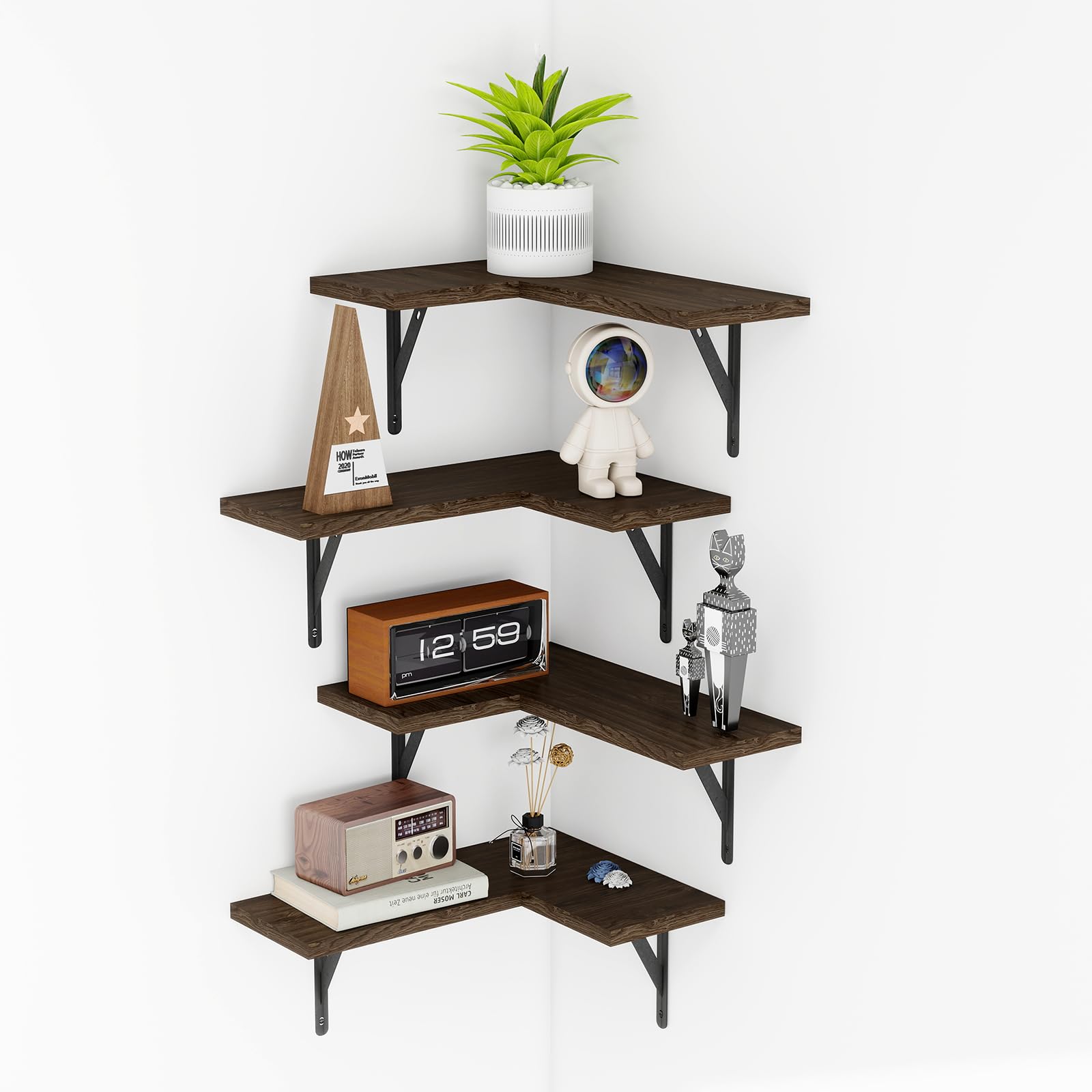 Etagere Angle Flottantes Lot de 4, Imperméable, Anti-Moisissure, Tablette Bois Murale Etagere Rangement en Bois Rustique pour Salon Chambre Bureau Salle de Bains, Cuisine