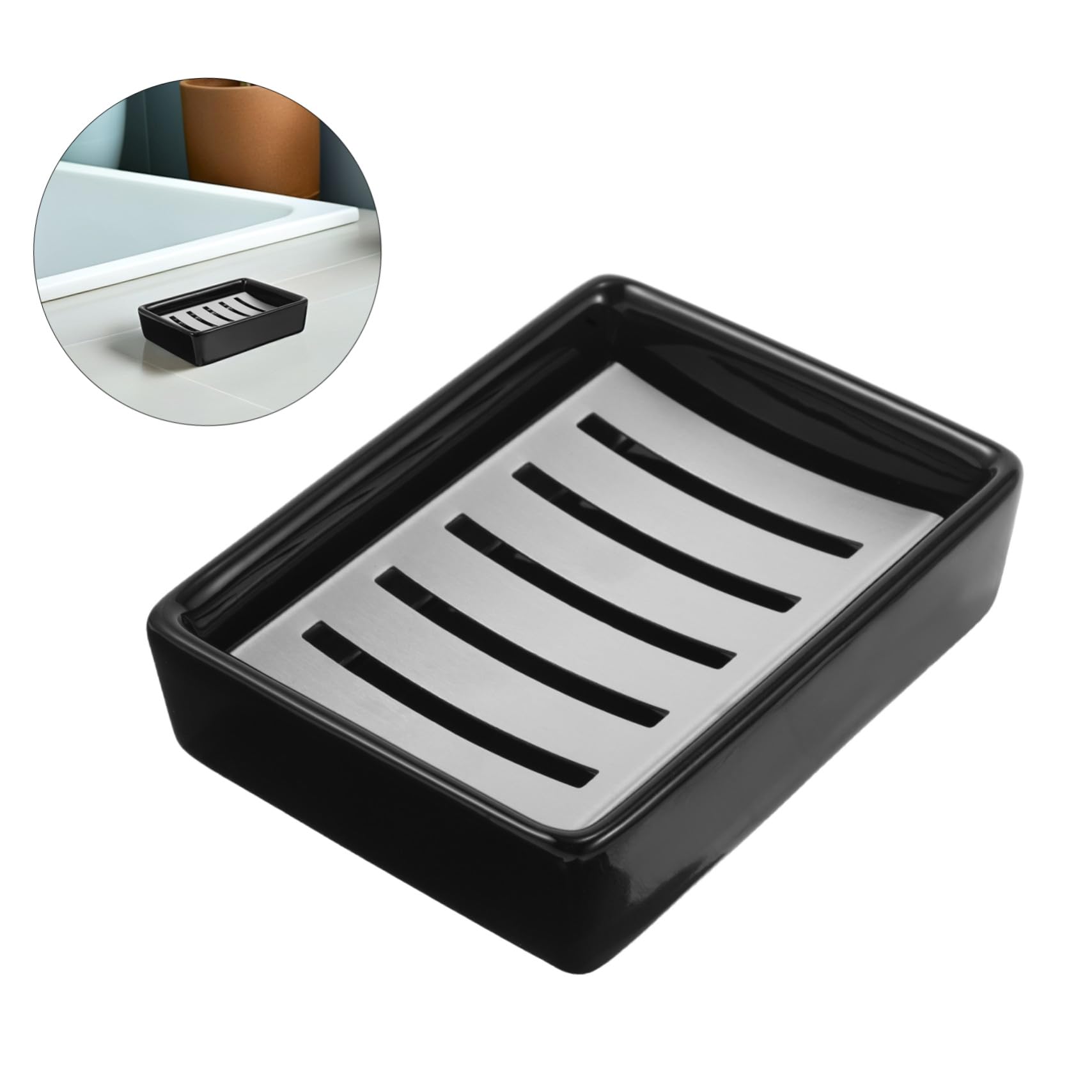 Jabonera de Baño Rectangular de Doble Capa Drenaje, de Cerámica y Acero Inoxidable para Jabón, Diseño Elegante y Autocontenida