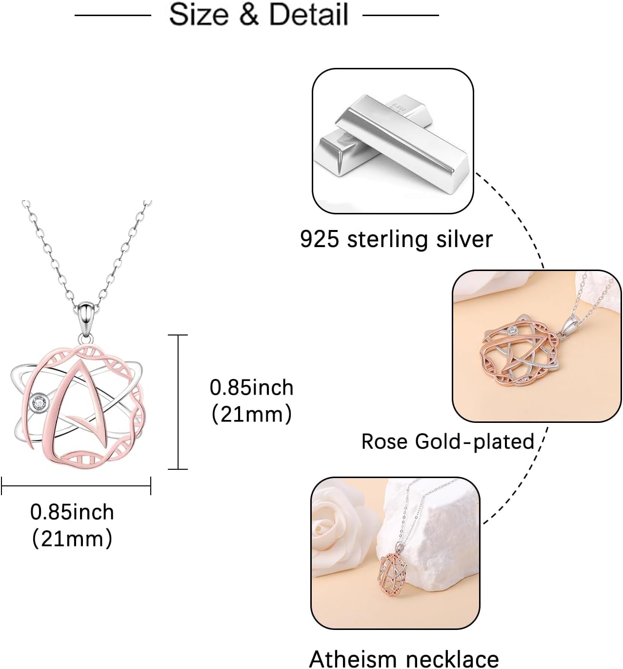 Atheist Necklace S925 Sterling Silver: Atheism Sign Pendant DNA Double helix Atom Science Pendant Jewelry for Skeptic Scientist Biology Physics Gift for Researchers Graduation
