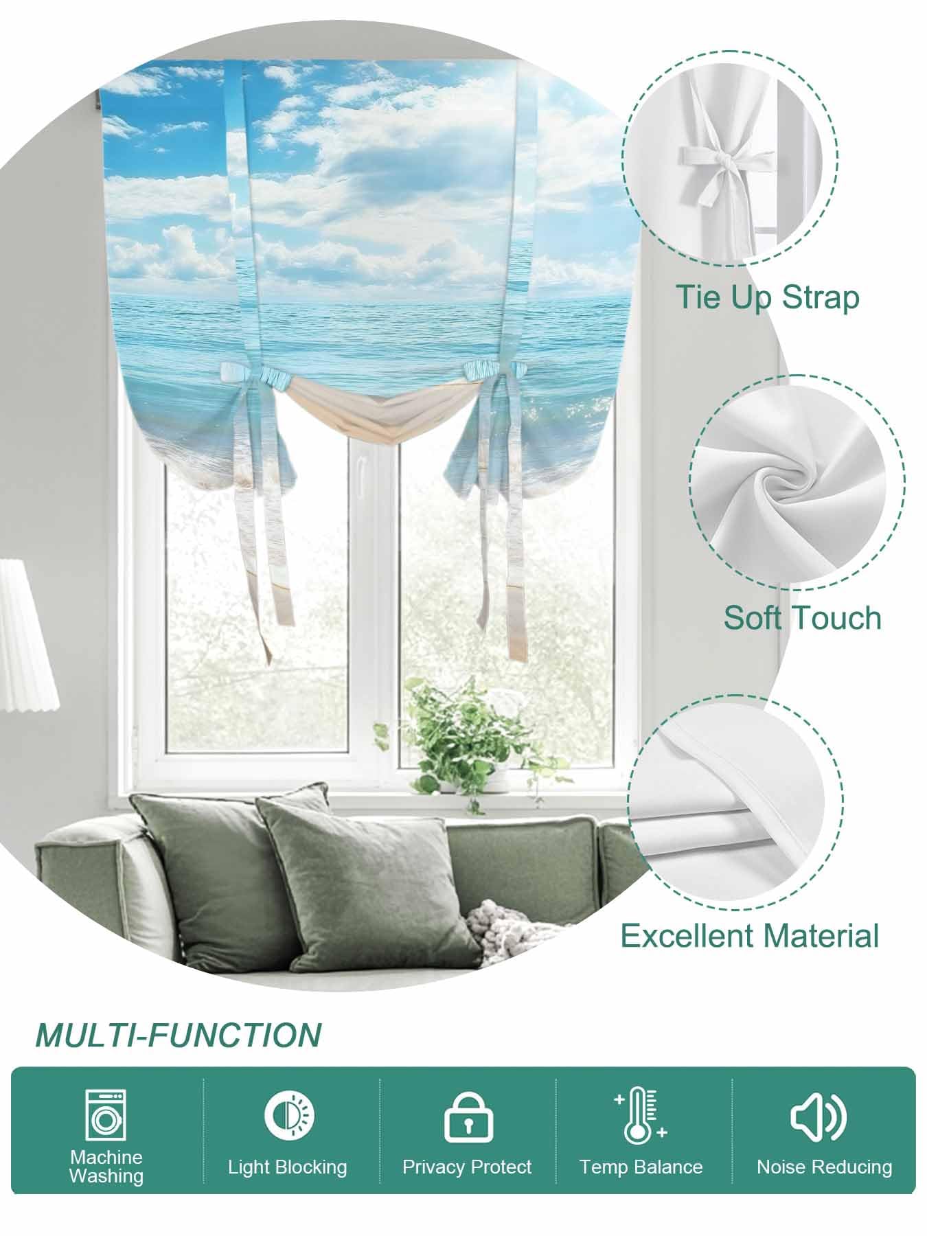 Tie Up Curtains for Windows Summer Beach Roman Shade 42 x 45 Inch Bathroom Curtain Window Ocean Waves Coastal Blue Rod Pocket Short Balloon Curtains for Living Room Kitchen Small Blinds