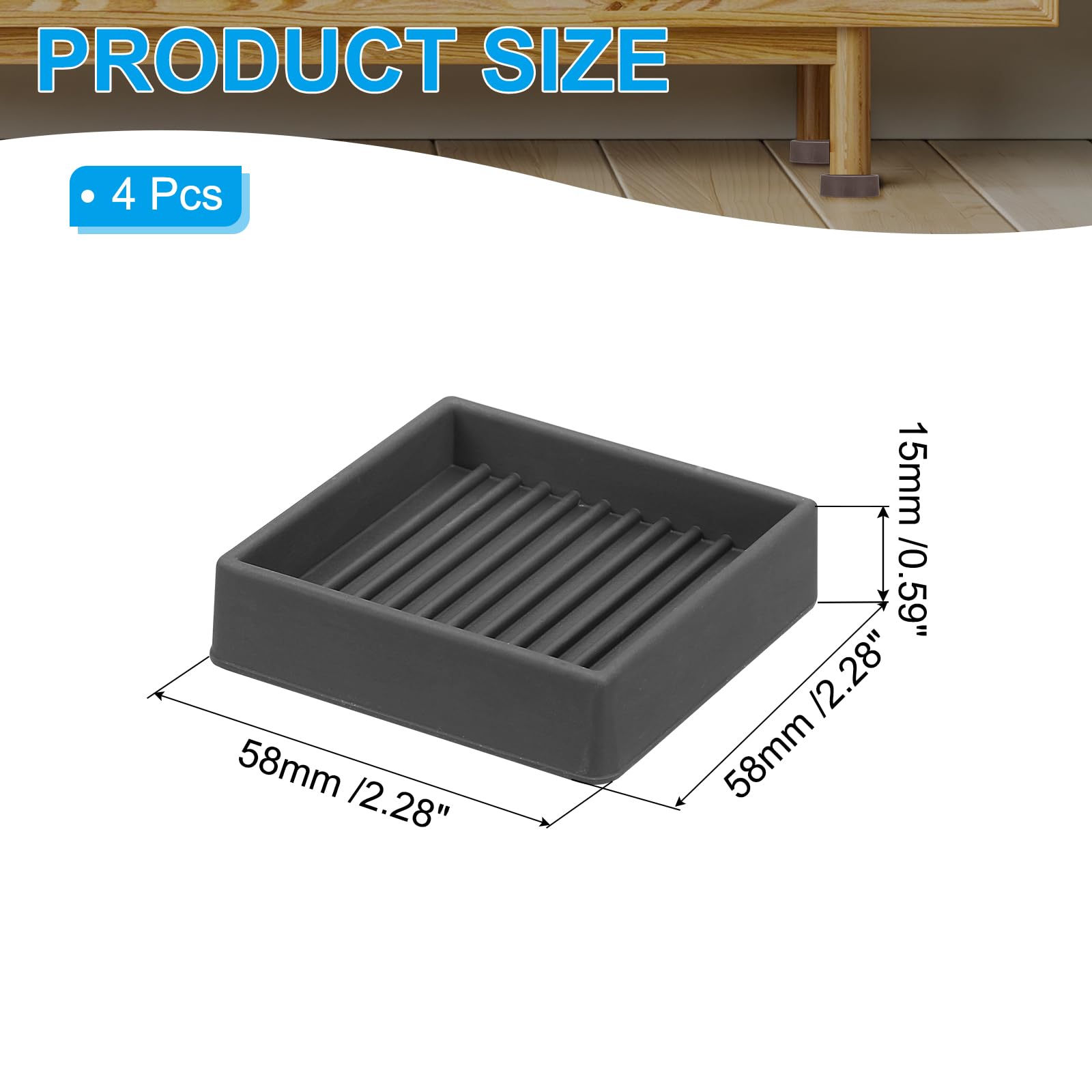 PATIKIL 4"x4" Square Rubber Furniture Pads, 4 Pack Non Slip Caster Cups Anti Skid Floor Protectors for Furniture Feet Bed Couch Chair Table Stopper, Black - Image 2