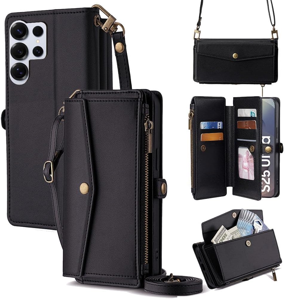 leedia crossbody wallet case for galaxy s25 ultra for women, pu leather flip case with [rfid blocking] card holder, zipper handbag magnetic snap wrist strap for samsung galaxy s25 ultra 6.9" black