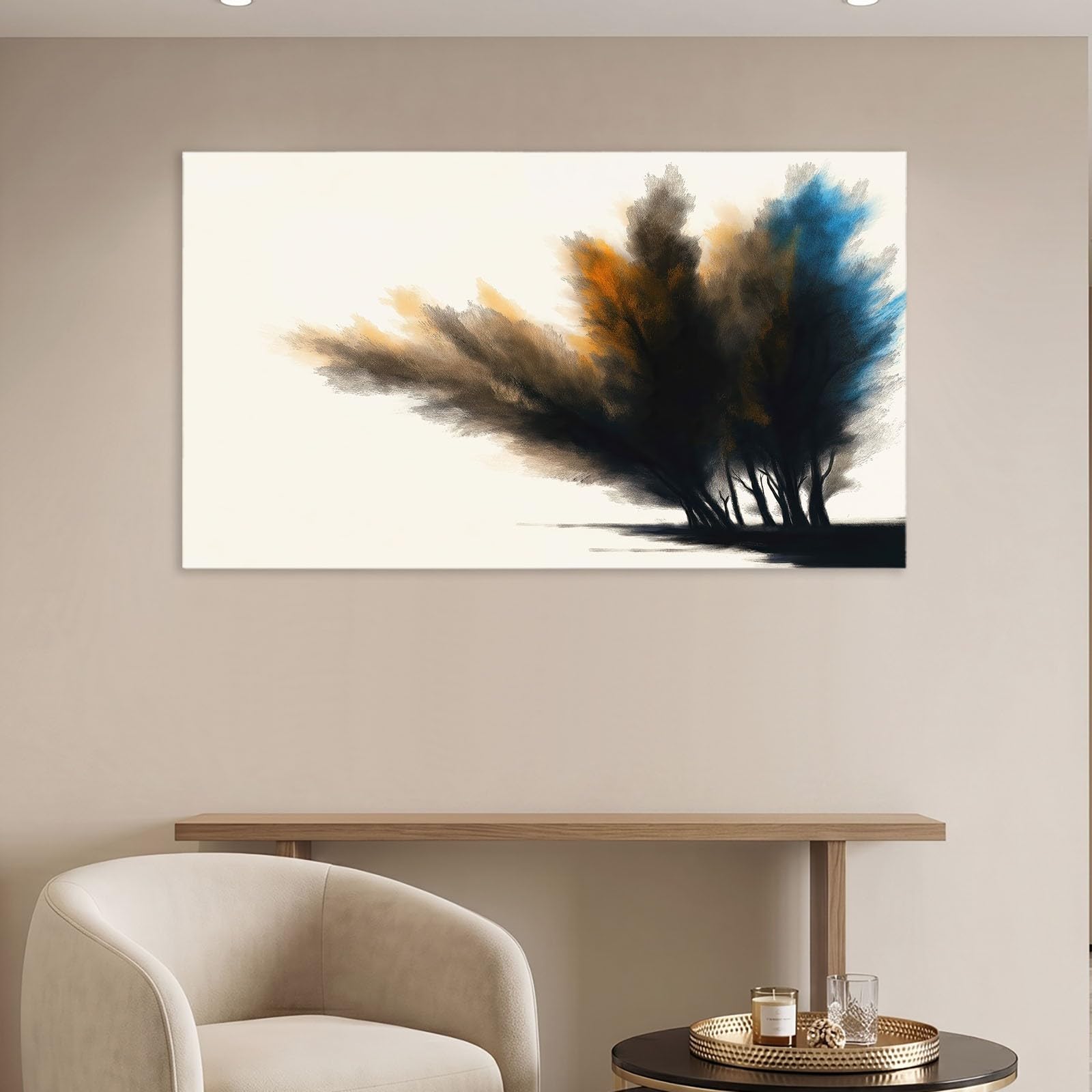Leinwandbild 120 x 80 cm Leinwandbilder mit Abstrakt, Bild auf Leinwand - Kunstdruck auf Canvas, Bilder Wanddeko für Wohnzimmer, Schlafzimmer, Esszimmer, Tusche Bäume Beige