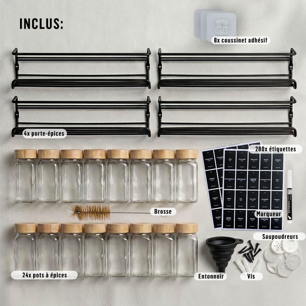 Deco haus® Etagere a Epices Murale Sans Percer avec 24 Pot à Épices en Verre - Porte-épices Murale 4 Pièces - Étagère de Rangement de Cuisine pour Épices - etagere epices cuisine murale