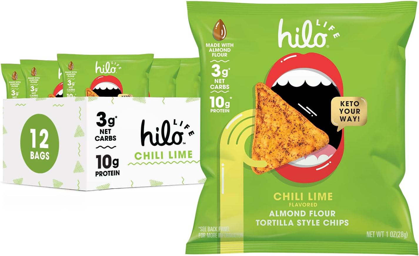 Hilo Life Low Carb Keto Friendly Tortilla Chip Snack Bags, Chili Lime, 1 Ounce (Pack of 12)