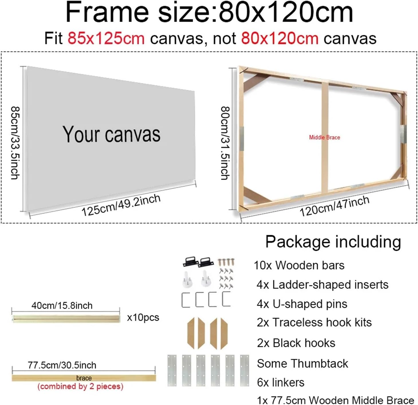 Wooden Frame DIY Picture Frames, Easy to Assemble Canvas Frame DIY Solid Wood Canvas Frame Kit for Oil Painting(80x120cm)