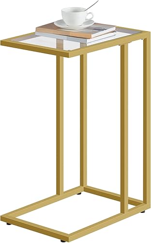 Miniatura 9 de HOOBRO Juego de 2 mesas auxiliares en forma de C, mesa auxiliar de vidrio templado con marco de metal, bandeja de TV para espacios pequeños, sofá y