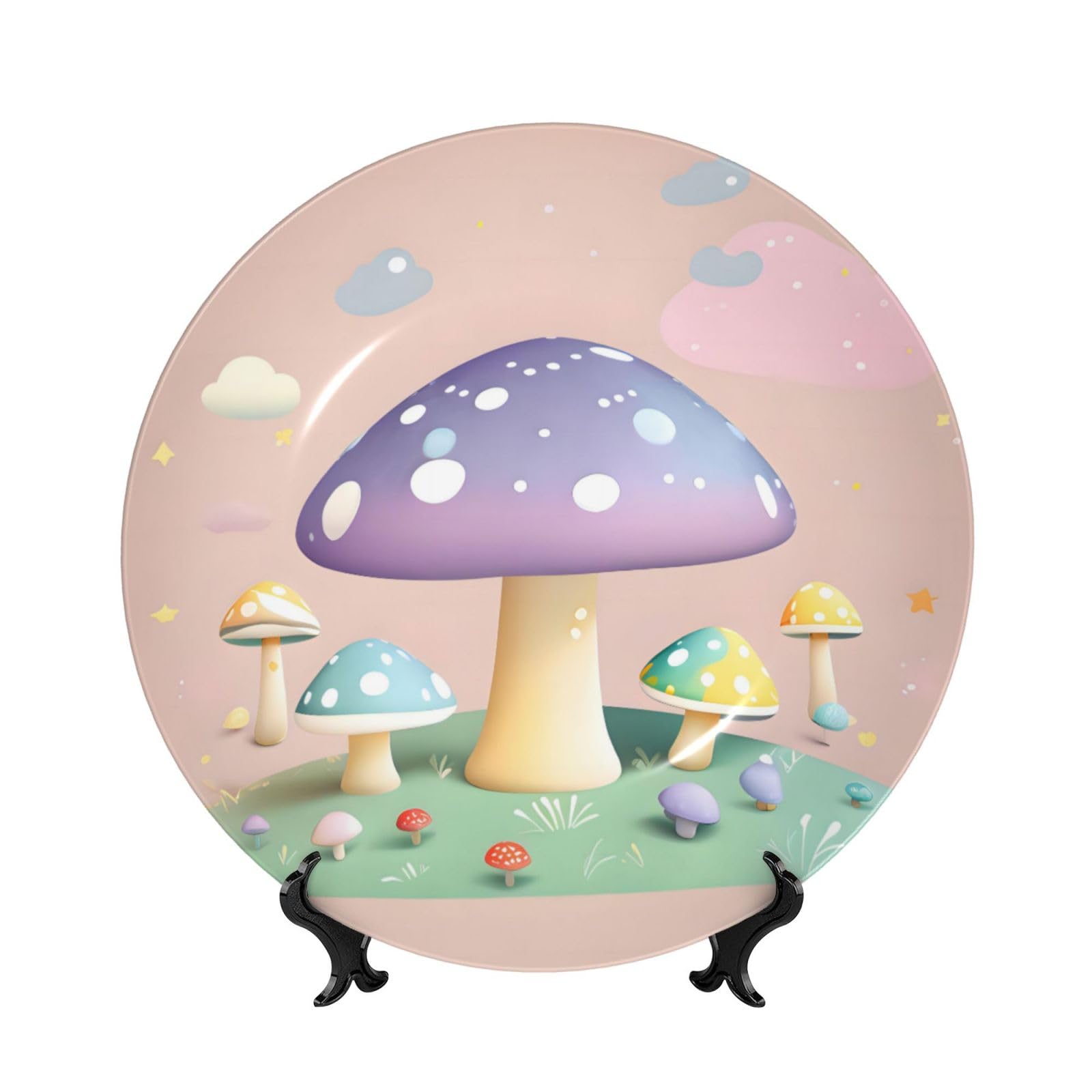 SXZVVBN Cartoon mushroom Bone China Decorative Plate Art with Stand Removable Adhesive Hanging for Home Office 7in